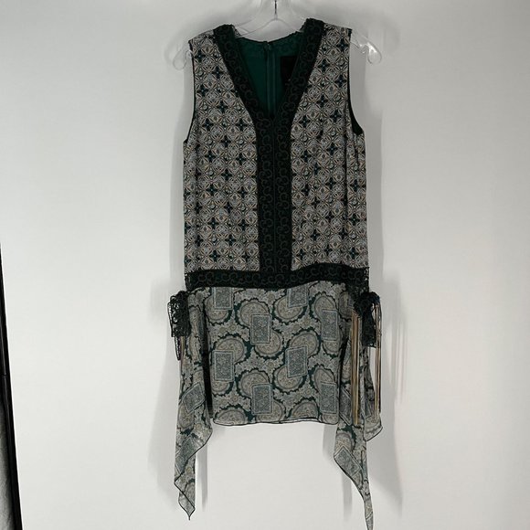 Anna Sui Green White Printed Lace Detail V-Neck Sleeveless Mini Dress 4 Silk - Picture 2 of 10